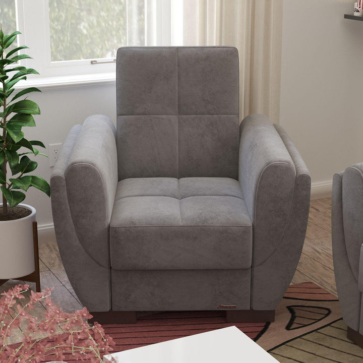 Modern design, Pewter Gray , Microfiber upholstered convertible Armchair with underseat storage from Voyage Shelter by Ottomanson in living room lifestyle setting by itself. This Armchair measures 42 inches width by 36 inches depth by 41 inches height.