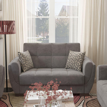 Modern design, Pewter Gray , Microfiber upholstered convertible sleeper Loveseat with underseat storage from Voyage Shelter by Ottomanson in living room lifestyle setting by itself. This Loveseat measures 71 inches width by 36 inches depth by 41 inches height.