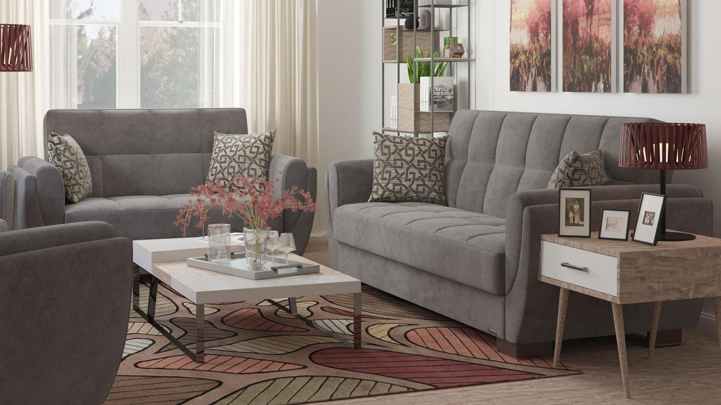 Modern design, Pewter Gray , Microfiber upholstered convertible sleeper Loveseat with underseat storage from Voyage Shelter by Ottomanson in living room lifestyle setting with another piece of furniture. This Loveseat measures 71 inches width by 36 inches depth by 41 inches height.