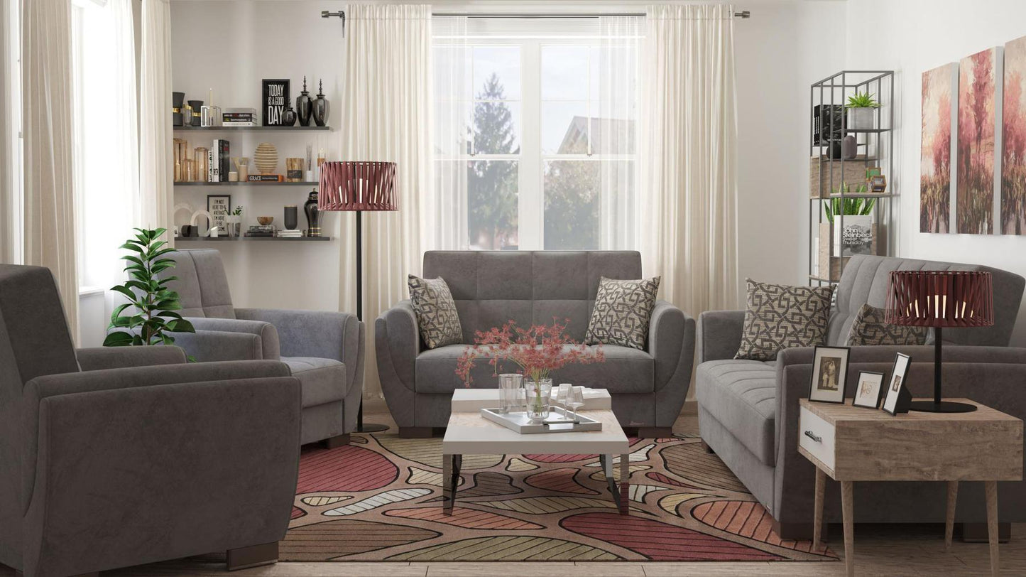 Modern design, Pewter Gray , Microfiber upholstered convertible sleeper Loveseat with underseat storage from Voyage Shelter by Ottomanson in living room lifestyle setting with the matching furniture set. This Loveseat measures 71 inches width by 36 inches depth by 41 inches height.