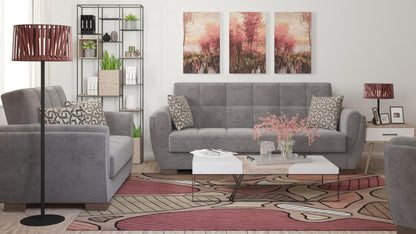 Modern design, Pewter Gray , Microfiber upholstered convertible sleeper Sofabed with underseat storage from Voyage Shelter by Ottomanson in living room lifestyle setting with another piece of furniture. This Sofabed measures 94 inches width by 36 inches depth by 41 inches height.