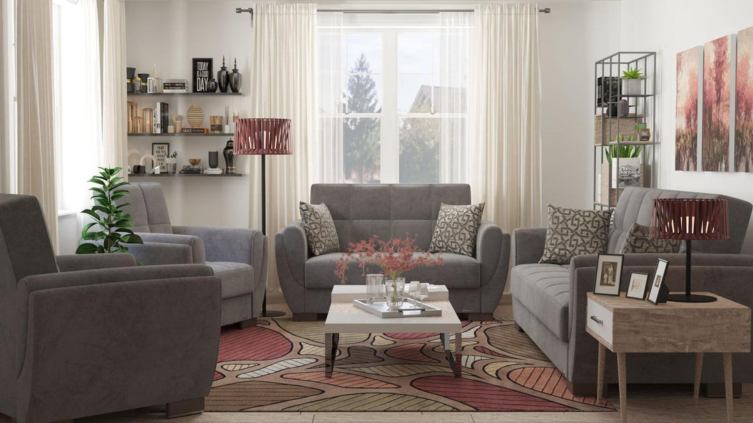 Modern design, Pewter Gray , Microfiber upholstered convertible sleeper Sofabed with underseat storage from Voyage Shelter by Ottomanson in living room lifestyle setting with the matching furniture set. This Sofabed measures 94 inches width by 36 inches depth by 41 inches height.