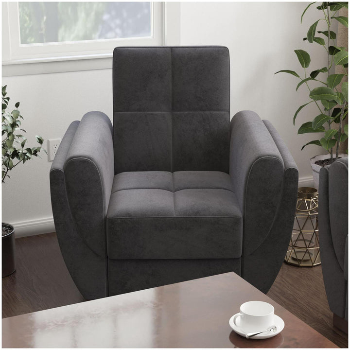 Modern design, Black , Microfiber upholstered convertible Armchair with underseat storage from Voyage Shelter by Ottomanson in living room lifestyle setting by itself. This Armchair measures 42 inches width by 36 inches depth by 41 inches height.