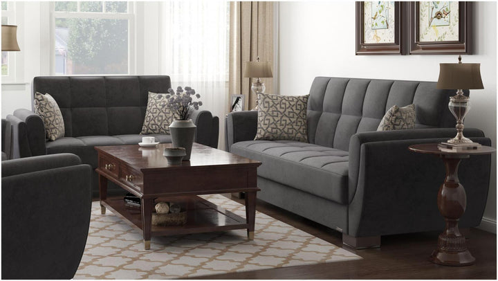 Modern design, Black , Microfiber upholstered convertible sleeper Loveseat with underseat storage from Voyage Shelter by Ottomanson in living room lifestyle setting with another piece of furniture. This Loveseat measures 71 inches width by 36 inches depth by 41 inches height.