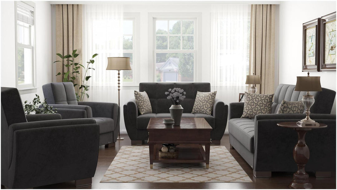 Modern design, Black , Microfiber upholstered convertible sleeper Loveseat with underseat storage from Voyage Shelter by Ottomanson in living room lifestyle setting with the matching furniture set. This Loveseat measures 71 inches width by 36 inches depth by 41 inches height.