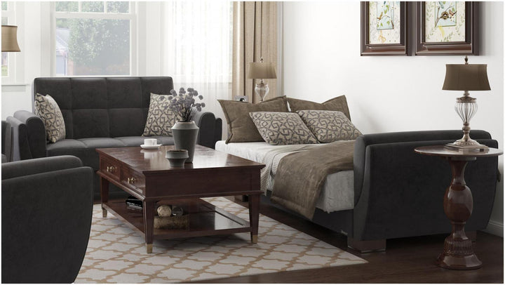 Modern design, Black , Microfiber  upholstered convertible sleeper Loveseat with underseat storage from Voyage Shelter by Ottomanson in living room lifestyle setting converted to sleeper. This Loveseat measures 71 inches width by 36 inches depth by 41 inches height.