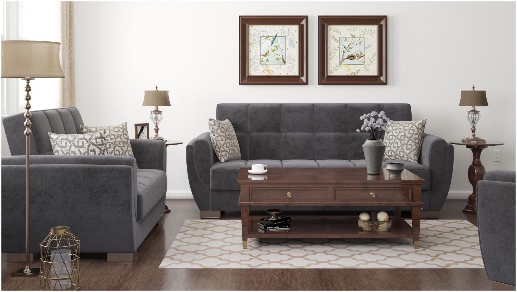 Modern design, Black , Microfiber upholstered convertible sleeper Sofabed with underseat storage from Voyage Shelter by Ottomanson in living room lifestyle setting with another piece of furniture. This Sofabed measures 94 inches width by 36 inches depth by 41 inches height.