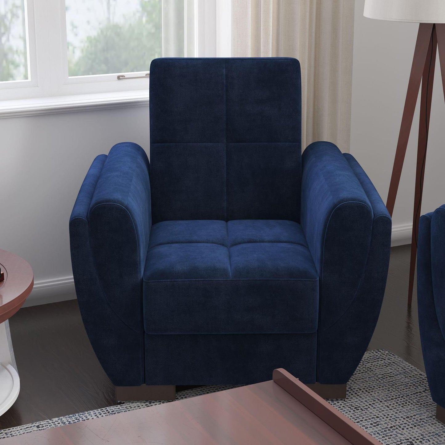 Modern design, True Blue , Microfiber upholstered convertible Armchair with underseat storage from Voyage Shelter by Ottomanson in living room lifestyle setting by itself. This Armchair measures 42 inches width by 36 inches depth by 41 inches height.