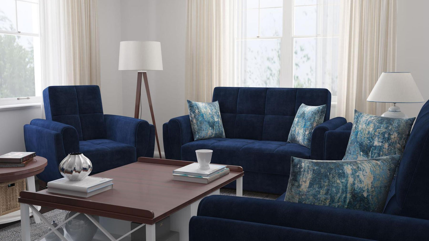 Modern design, True Blue , Microfiber upholstered convertible Armchair with underseat storage from Voyage Shelter by Ottomanson in living room lifestyle setting with another piece of furniture. This Armchair measures 42 inches width by 36 inches depth by 41 inches height.