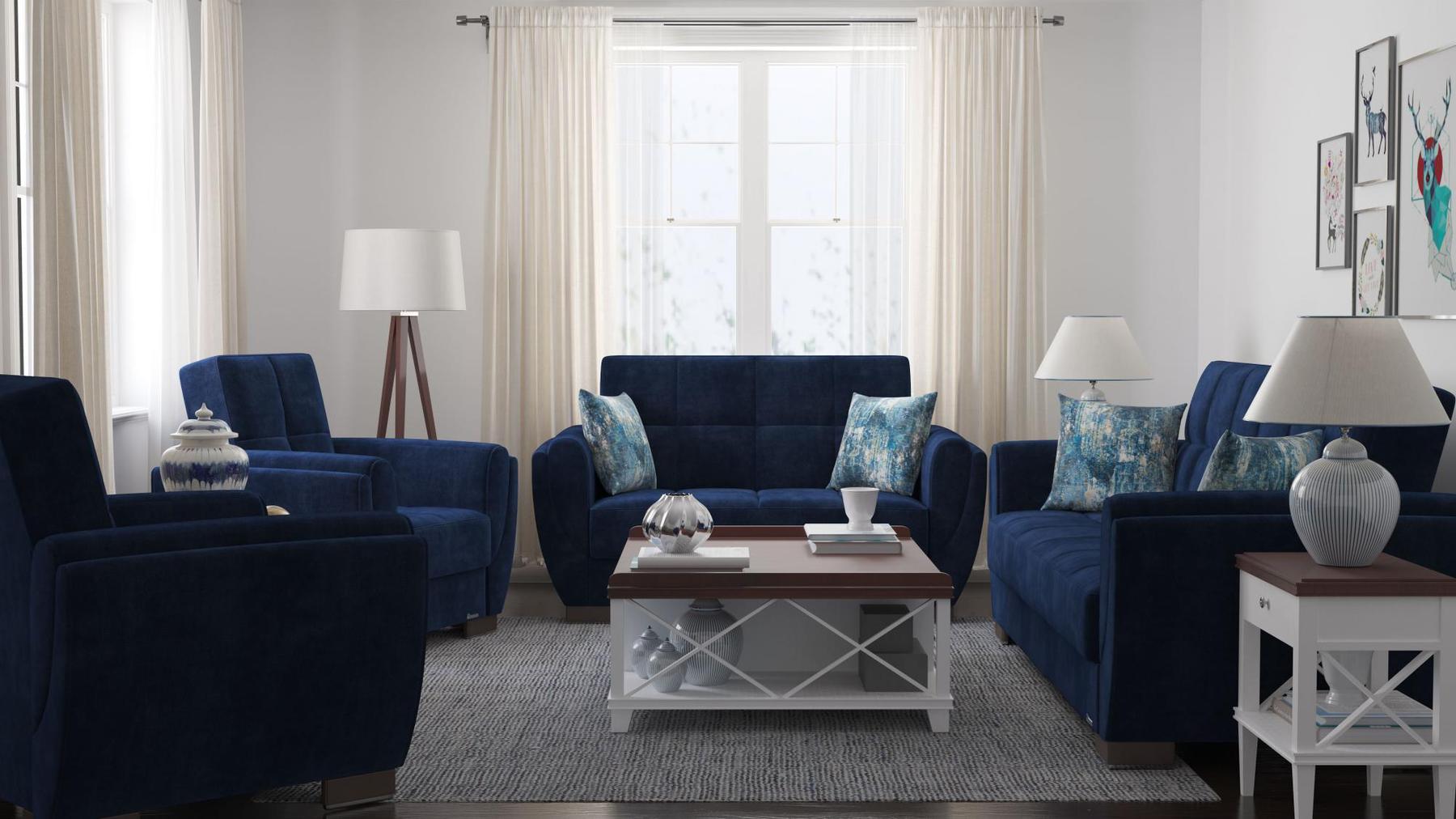 Modern design, True Blue , Microfiber upholstered convertible Armchair with underseat storage from Voyage Shelter by Ottomanson in living room lifestyle setting with the matching furniture set. This Armchair measures 42 inches width by 36 inches depth by 41 inches height.
