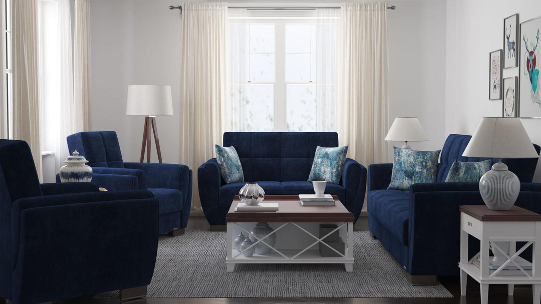 Modern design, True Blue , Microfiber upholstered convertible sleeper Loveseat with underseat storage from Voyage Shelter by Ottomanson in living room lifestyle setting with the matching furniture set. This Loveseat measures 71 inches width by 36 inches depth by 41 inches height.