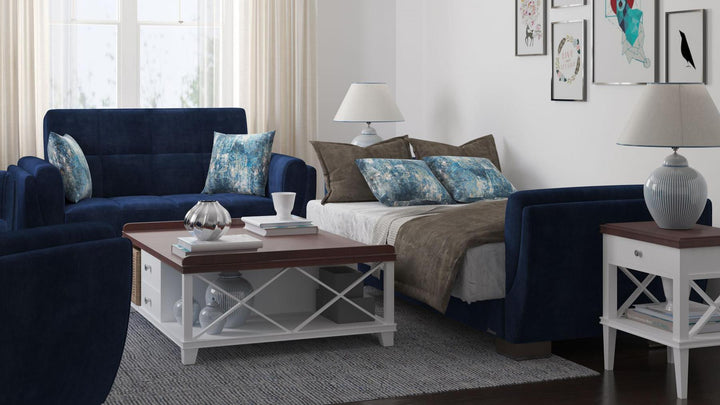 Modern design, True Blue , Microfiber  upholstered convertible sleeper Loveseat with underseat storage from Voyage Shelter by Ottomanson in living room lifestyle setting converted to sleeper. This Loveseat measures 71 inches width by 36 inches depth by 41 inches height.