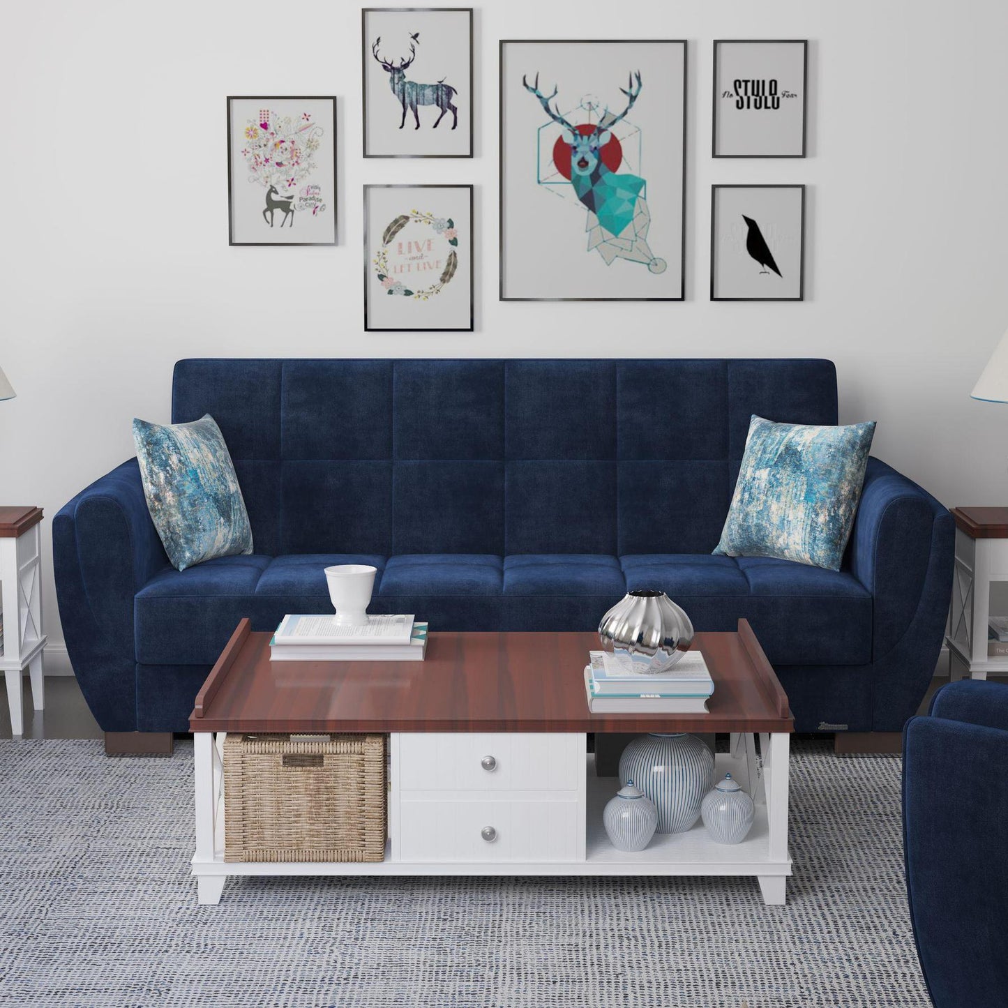 Modern design, True Blue , Microfiber upholstered convertible sleeper Sofabed with underseat storage from Voyage Shelter by Ottomanson in living room lifestyle setting by itself. This Sofabed measures 94 inches width by 36 inches depth by 41 inches height.