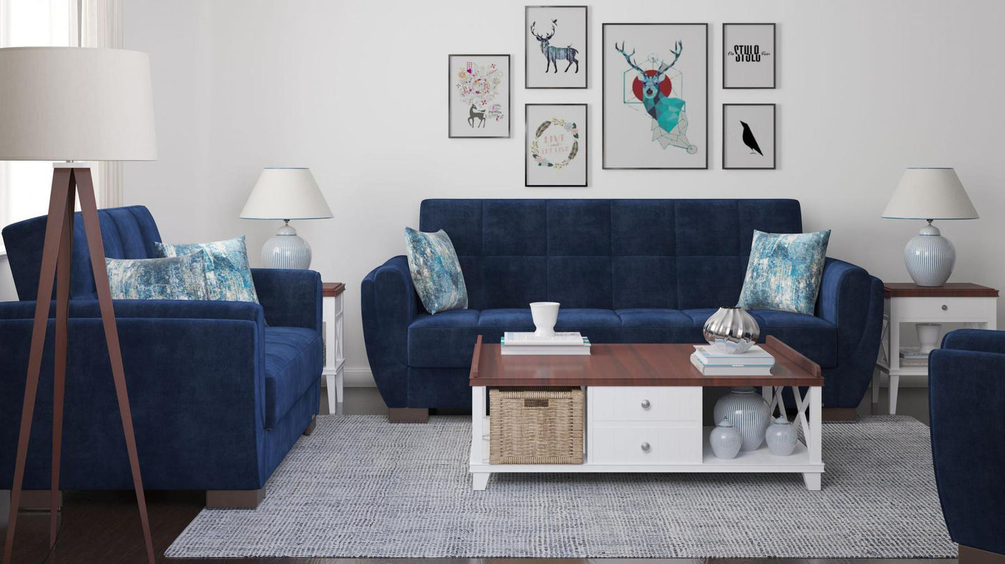 Modern design, True Blue , Microfiber upholstered convertible sleeper Sofabed with underseat storage from Voyage Shelter by Ottomanson in living room lifestyle setting with another piece of furniture. This Sofabed measures 94 inches width by 36 inches depth by 41 inches height.