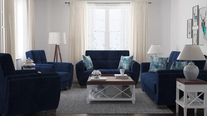 Modern design, True Blue , Microfiber upholstered convertible sleeper Sofabed with underseat storage from Voyage Shelter by Ottomanson in living room lifestyle setting with the matching furniture set. This Sofabed measures 94 inches width by 36 inches depth by 41 inches height.