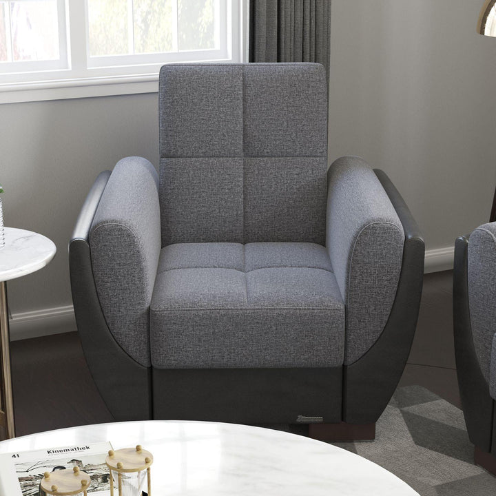Modern design, Salt and Pepper Gray, Black , Chenille, Artificial Leather upholstered convertible Armchair with underseat storage from Voyage Shelter by Ottomanson in living room lifestyle setting by itself. This Armchair measures 42 inches width by 36 inches depth by 41 inches height.