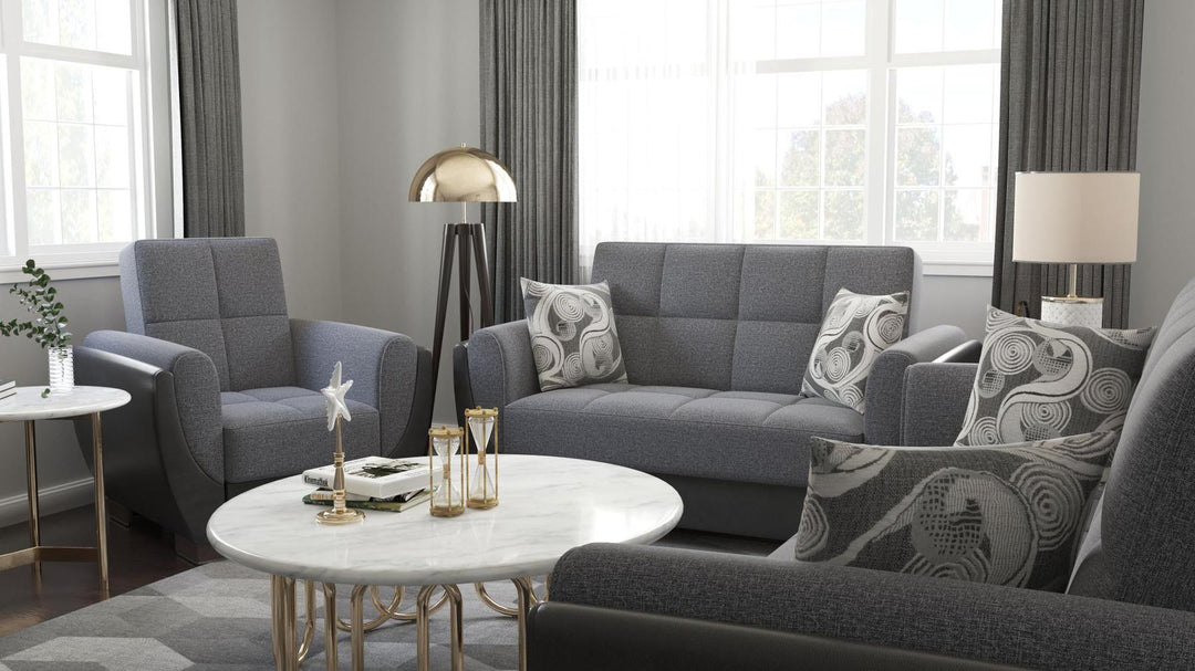 Modern design, Salt and Pepper Gray, Black , Chenille, Artificial Leather upholstered convertible Armchair with underseat storage from Voyage Shelter by Ottomanson in living room lifestyle setting with another piece of furniture. This Armchair measures 42 inches width by 36 inches depth by 41 inches height.
