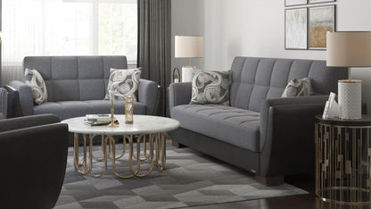 Modern design, Salt and Pepper Gray, Black , Chenille, Artificial Leather upholstered convertible sleeper Loveseat with underseat storage from Voyage Shelter by Ottomanson in living room lifestyle setting with another piece of furniture. This Loveseat measures 71 inches width by 36 inches depth by 41 inches height.