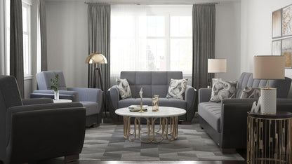 Modern design, Salt and Pepper Gray, Black , Chenille, Artificial Leather upholstered convertible sleeper Sofabed with underseat storage from Voyage Shelter by Ottomanson in living room lifestyle setting with the matching furniture set. This Sofabed measures 94 inches width by 36 inches depth by 41 inches height.