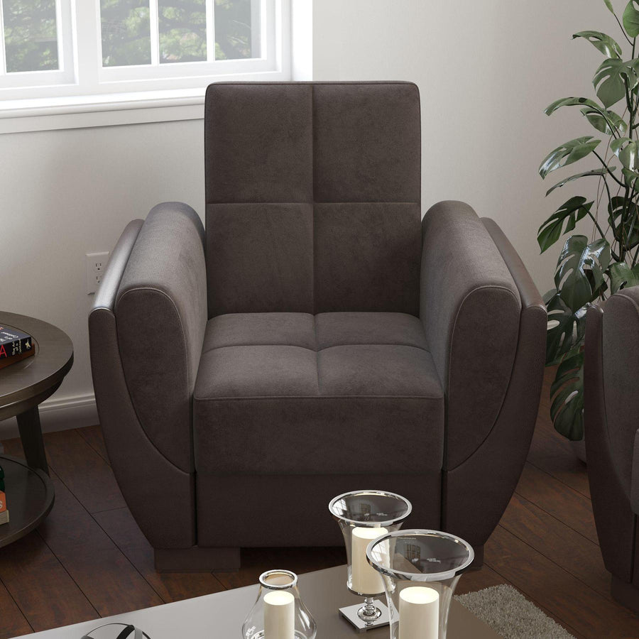 Modern design, Friar Brown, Dark Brown , Microfiber, Artificial Leather upholstered convertible Armchair with underseat storage from Voyage Shelter by Ottomanson in living room lifestyle setting by itself. This Armchair measures 42 inches width by 36 inches depth by 41 inches height.