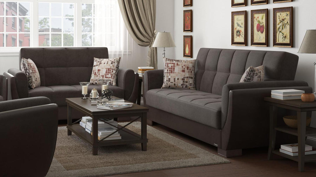 Modern design, Friar Brown, Dark Brown , Microfiber, Artificial Leather upholstered convertible sleeper Loveseat with underseat storage from Voyage Shelter by Ottomanson in living room lifestyle setting with another piece of furniture. This Loveseat measures 71 inches width by 36 inches depth by 41 inches height.
