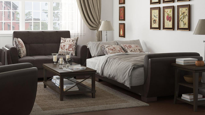 Modern design, Friar Brown, Dark Brown , Microfiber, Artificial Leather  upholstered convertible sleeper Loveseat with underseat storage from Voyage Shelter by Ottomanson in living room lifestyle setting converted to sleeper. This Loveseat measures 71 inches width by 36 inches depth by 41 inches height.