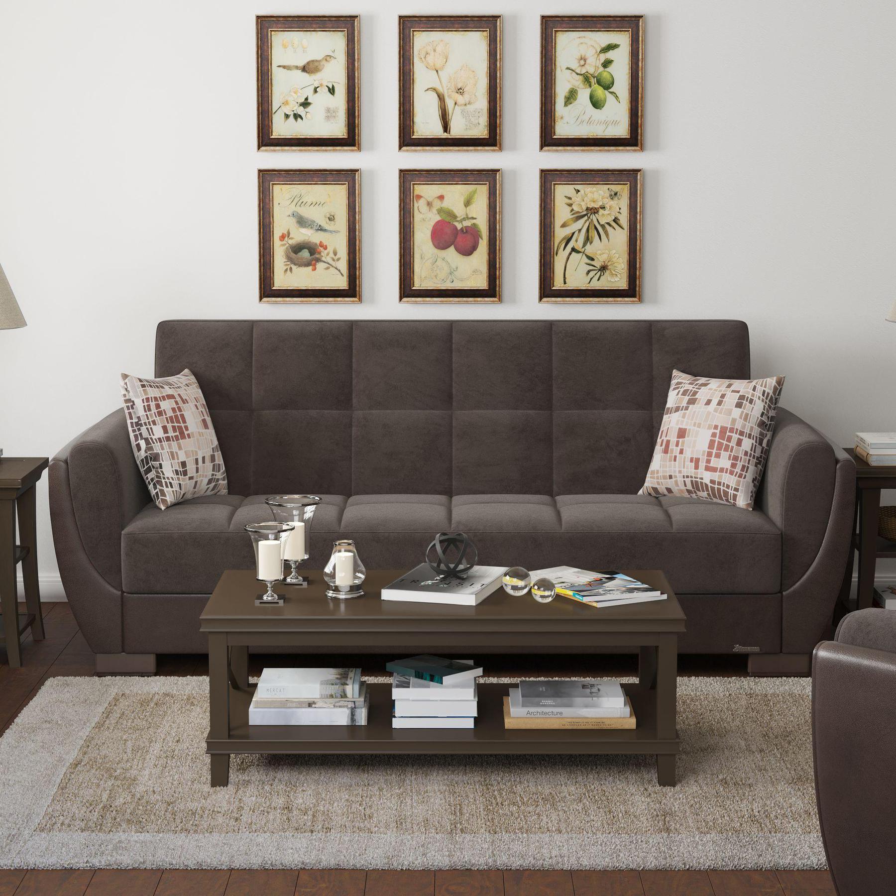 Modern design, Friar Brown, Dark Brown , Microfiber, Artificial Leather upholstered convertible sleeper Sofabed with underseat storage from Voyage Shelter by Ottomanson in living room lifestyle setting by itself. This Sofabed measures 94 inches width by 36 inches depth by 41 inches height.