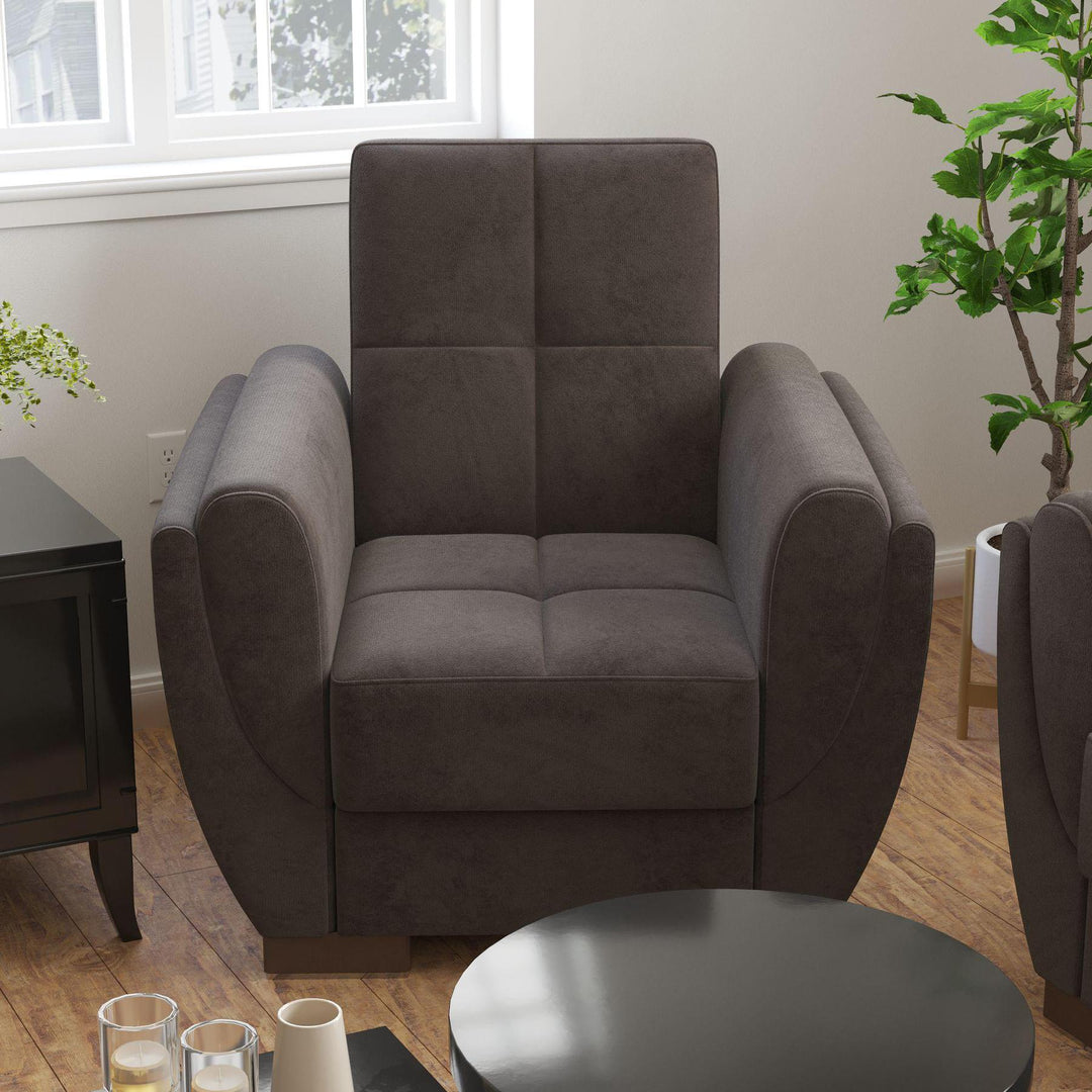 Modern design, Friar Brown , Microfiber upholstered convertible Armchair with underseat storage from Voyage Shelter by Ottomanson in living room lifestyle setting by itself. This Armchair measures 42 inches width by 36 inches depth by 41 inches height.