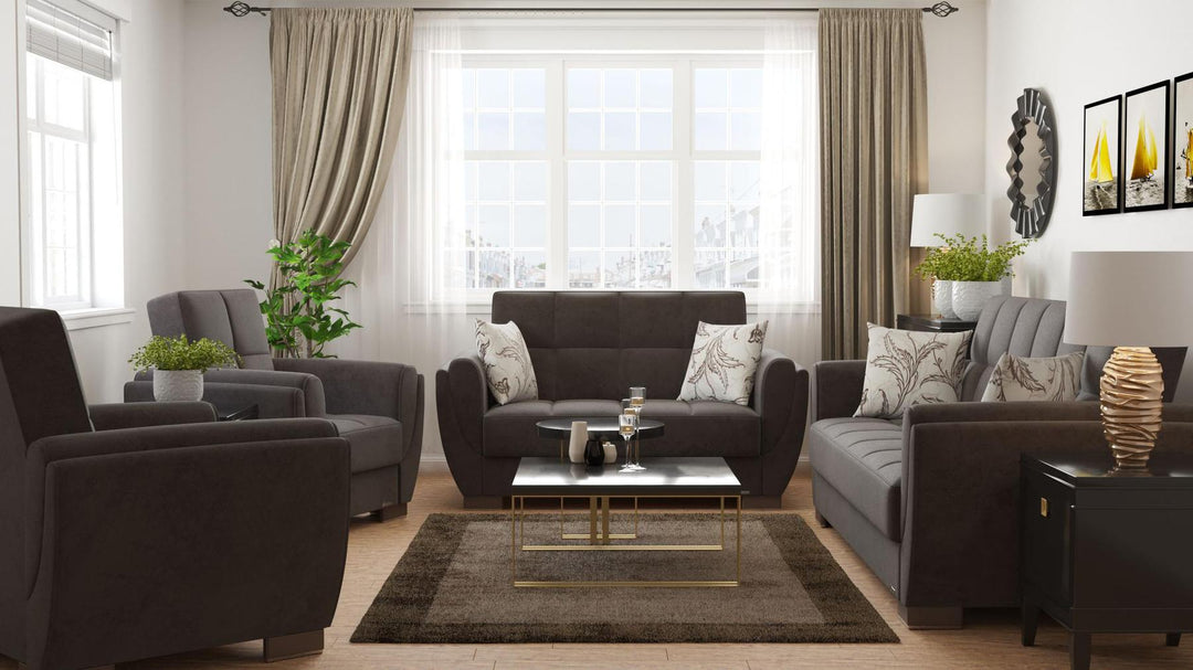 Modern design, Friar Brown , Microfiber upholstered convertible Armchair with underseat storage from Voyage Shelter by Ottomanson in living room lifestyle setting with the matching furniture set. This Armchair measures 42 inches width by 36 inches depth by 41 inches height.