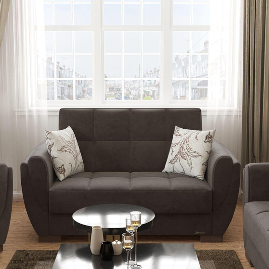 Modern design, Friar Brown , Microfiber upholstered convertible sleeper Loveseat with underseat storage from Voyage Shelter by Ottomanson in living room lifestyle setting by itself. This Loveseat measures 71 inches width by 36 inches depth by 41 inches height.