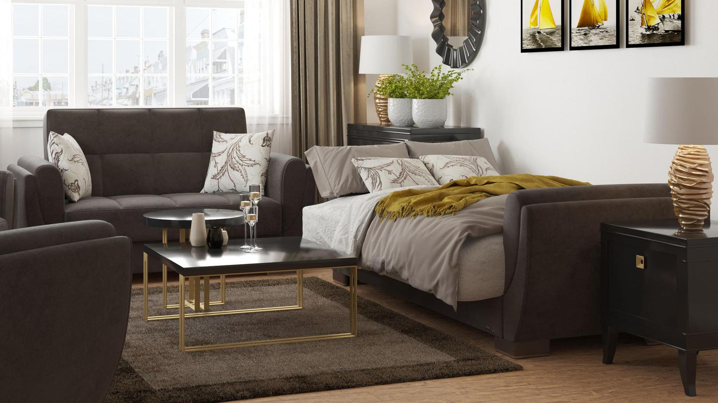Modern design, Friar Brown , Microfiber  upholstered convertible sleeper Loveseat with underseat storage from Voyage Shelter by Ottomanson in living room lifestyle setting converted to sleeper. This Loveseat measures 71 inches width by 36 inches depth by 41 inches height.