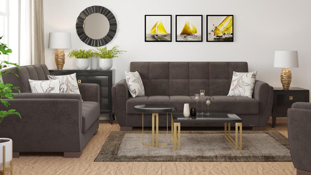 Modern design, Friar Brown , Microfiber upholstered convertible sleeper Sofabed with underseat storage from Voyage Shelter by Ottomanson in living room lifestyle setting with another piece of furniture. This Sofabed measures 94 inches width by 36 inches depth by 41 inches height.