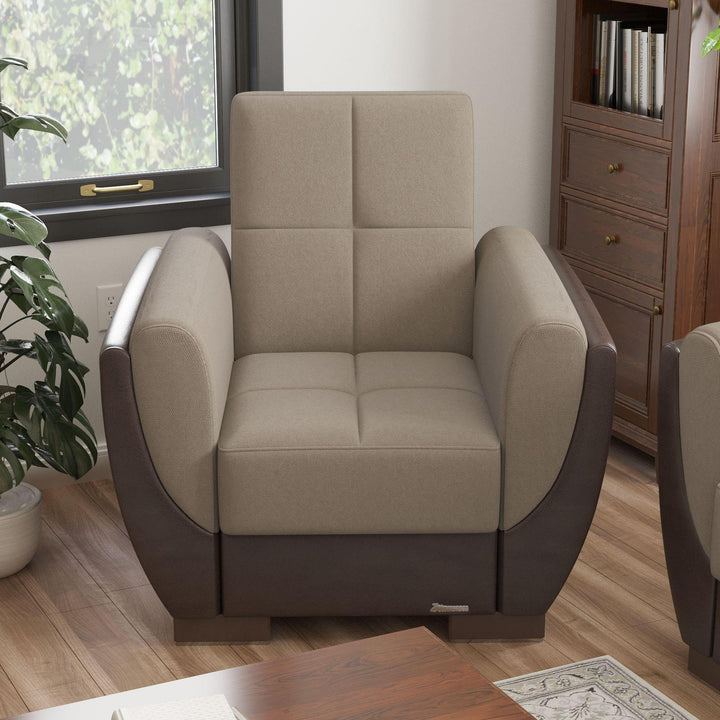 Modern design, Light Taupe, Dark Brown , Chenille, Artificial Leather upholstered convertible Armchair with underseat storage from Voyage Shelter by Ottomanson in living room lifestyle setting by itself. This Armchair measures 42 inches width by 36 inches depth by 41 inches height.