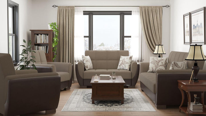 Modern design, Light Taupe, Dark Brown , Chenille, Artificial Leather upholstered convertible Armchair with underseat storage from Voyage Shelter by Ottomanson in living room lifestyle setting with the matching furniture set. This Armchair measures 42 inches width by 36 inches depth by 41 inches height.