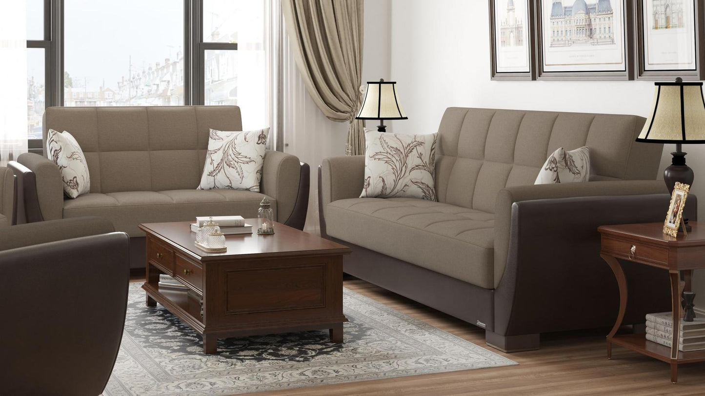Modern design, Light Taupe, Dark Brown , Chenille, Artificial Leather upholstered convertible sleeper Loveseat with underseat storage from Voyage Shelter by Ottomanson in living room lifestyle setting with another piece of furniture. This Loveseat measures 71 inches width by 36 inches depth by 41 inches height.