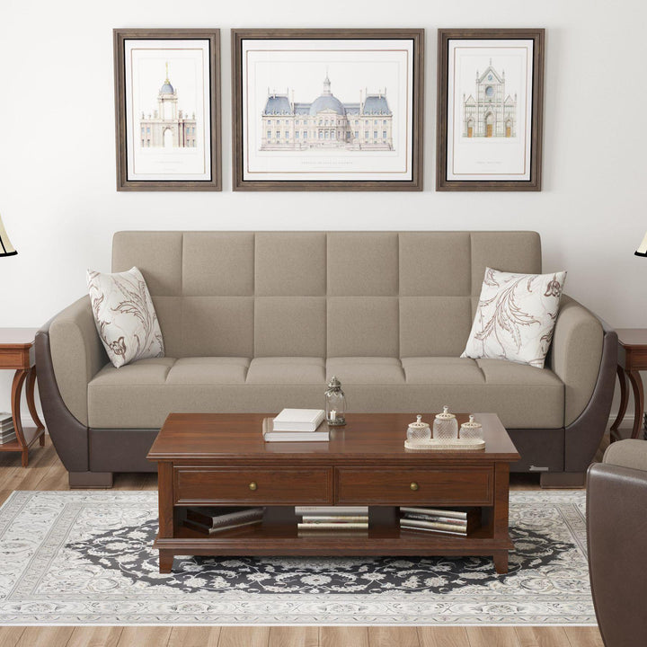 Modern design, Light Taupe, Dark Brown , Chenille, Artificial Leather upholstered convertible sleeper Sofabed with underseat storage from Voyage Shelter by Ottomanson in living room lifestyle setting by itself. This Sofabed measures 94 inches width by 36 inches depth by 41 inches height.