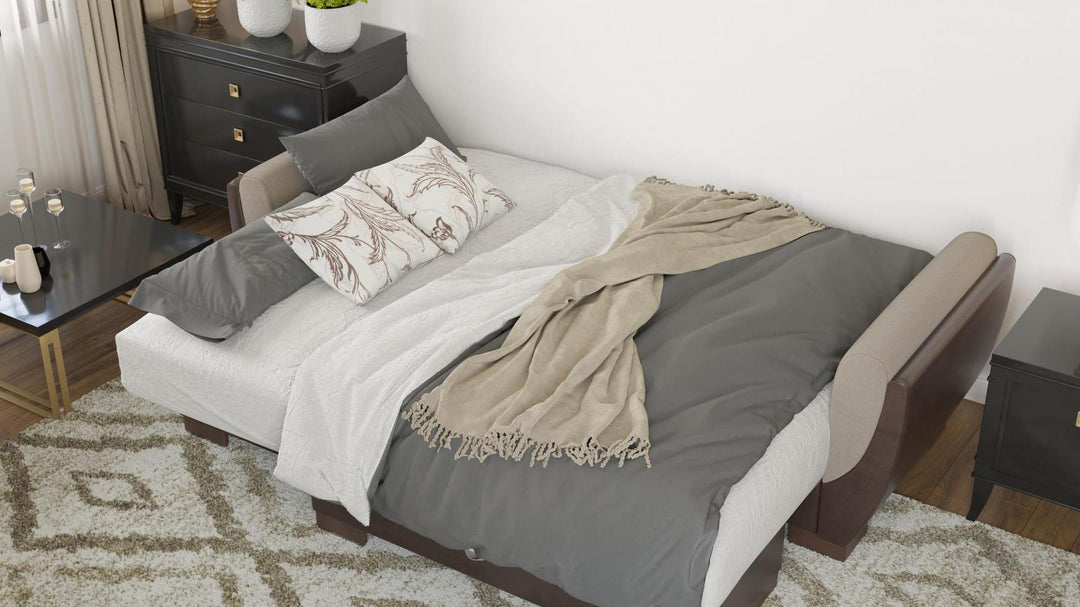 Modern design, Light Taupe, Dark Brown , Chenille, Artificial Leather  upholstered convertible sleeper Sofabed with underseat storage from Voyage Shelter by Ottomanson in living room lifestyle setting converted to sleeper. This Sofabed measures 94 inches width by 36 inches depth by 41 inches height.