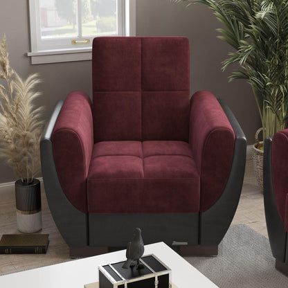 Modern design, Beaujolais, Black , Microfiber, Artificial Leather upholstered convertible Armchair with underseat storage from Voyage Shelter by Ottomanson in living room lifestyle setting by itself. This Armchair measures 42 inches width by 36 inches depth by 41 inches height.