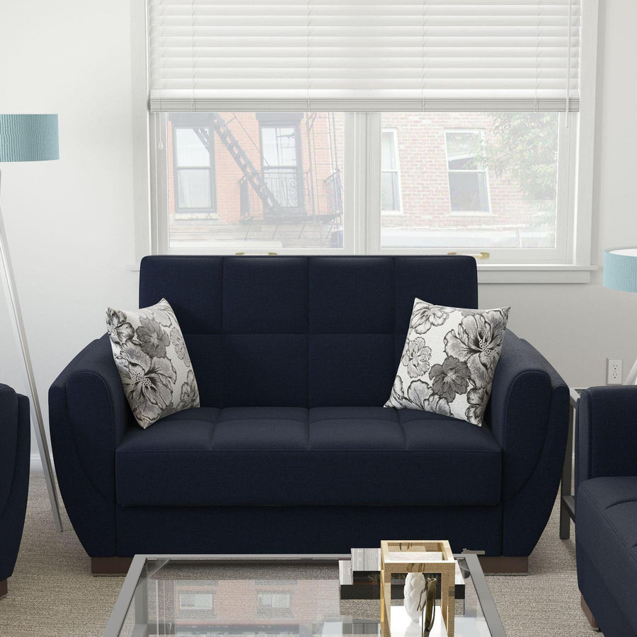 Modern design, Black Blue Denim , Chenille upholstered convertible sleeper Loveseat with underseat storage from Voyage Shelter by Ottomanson in living room lifestyle setting by itself. This Loveseat measures 71 inches width by 36 inches depth by 41 inches height.