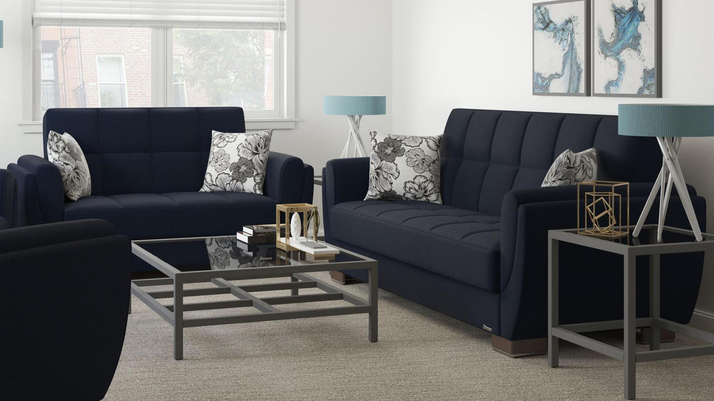Modern design, Black Blue Denim , Chenille upholstered convertible sleeper Loveseat with underseat storage from Voyage Shelter by Ottomanson in living room lifestyle setting with another piece of furniture. This Loveseat measures 71 inches width by 36 inches depth by 41 inches height.