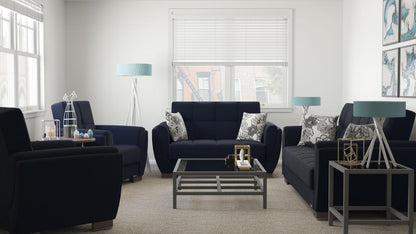 Modern design, Black Blue Denim , Chenille upholstered convertible sleeper Loveseat with underseat storage from Voyage Shelter by Ottomanson in living room lifestyle setting with the matching furniture set. This Loveseat measures 71 inches width by 36 inches depth by 41 inches height.