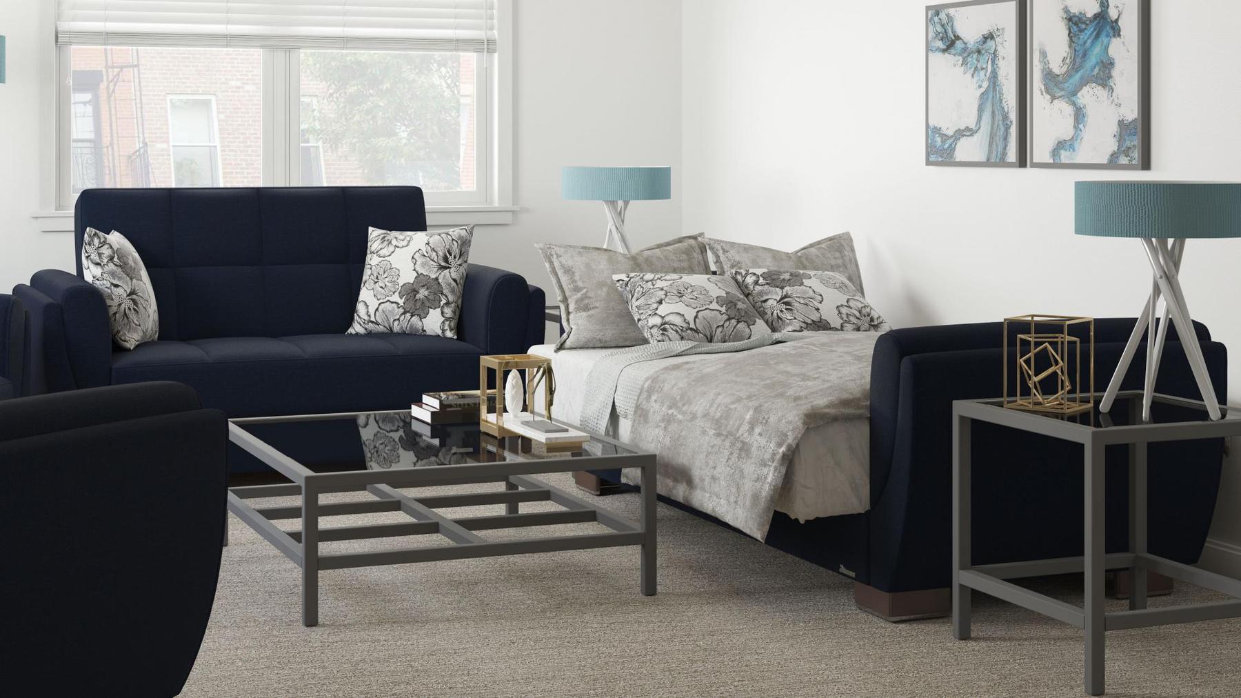 Modern design, Black Blue Denim , Chenille  upholstered convertible sleeper Loveseat with underseat storage from Voyage Shelter by Ottomanson in living room lifestyle setting converted to sleeper. This Loveseat measures 71 inches width by 36 inches depth by 41 inches height.