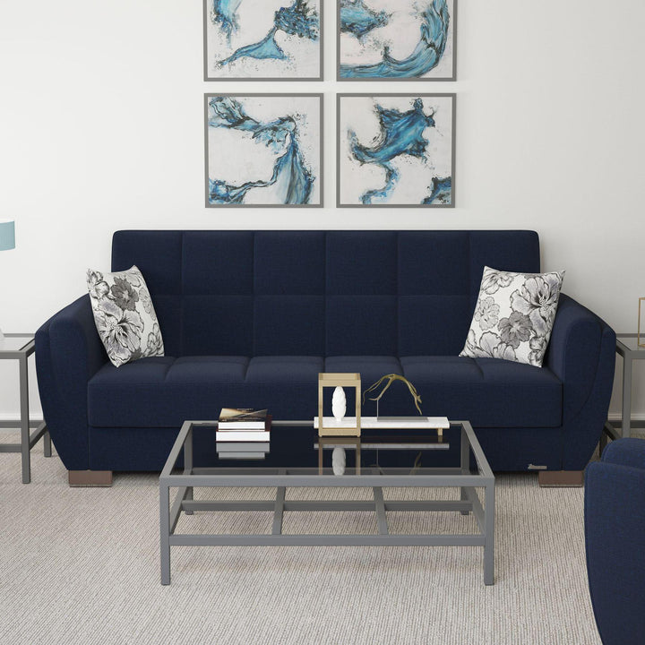 Modern design, Black Blue Denim , Chenille upholstered convertible sleeper Sofabed with underseat storage from Voyage Shelter by Ottomanson in living room lifestyle setting by itself. This Sofabed measures 94 inches width by 36 inches depth by 41 inches height.