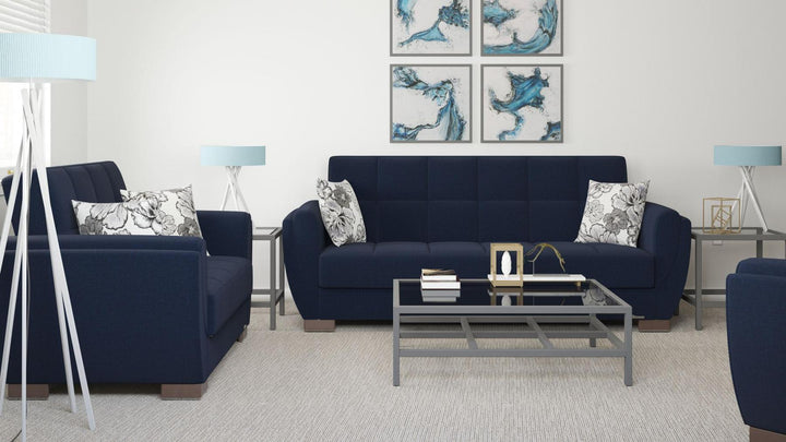 Modern design, Black Blue Denim , Chenille upholstered convertible sleeper Sofabed with underseat storage from Voyage Shelter by Ottomanson in living room lifestyle setting with another piece of furniture. This Sofabed measures 94 inches width by 36 inches depth by 41 inches height.