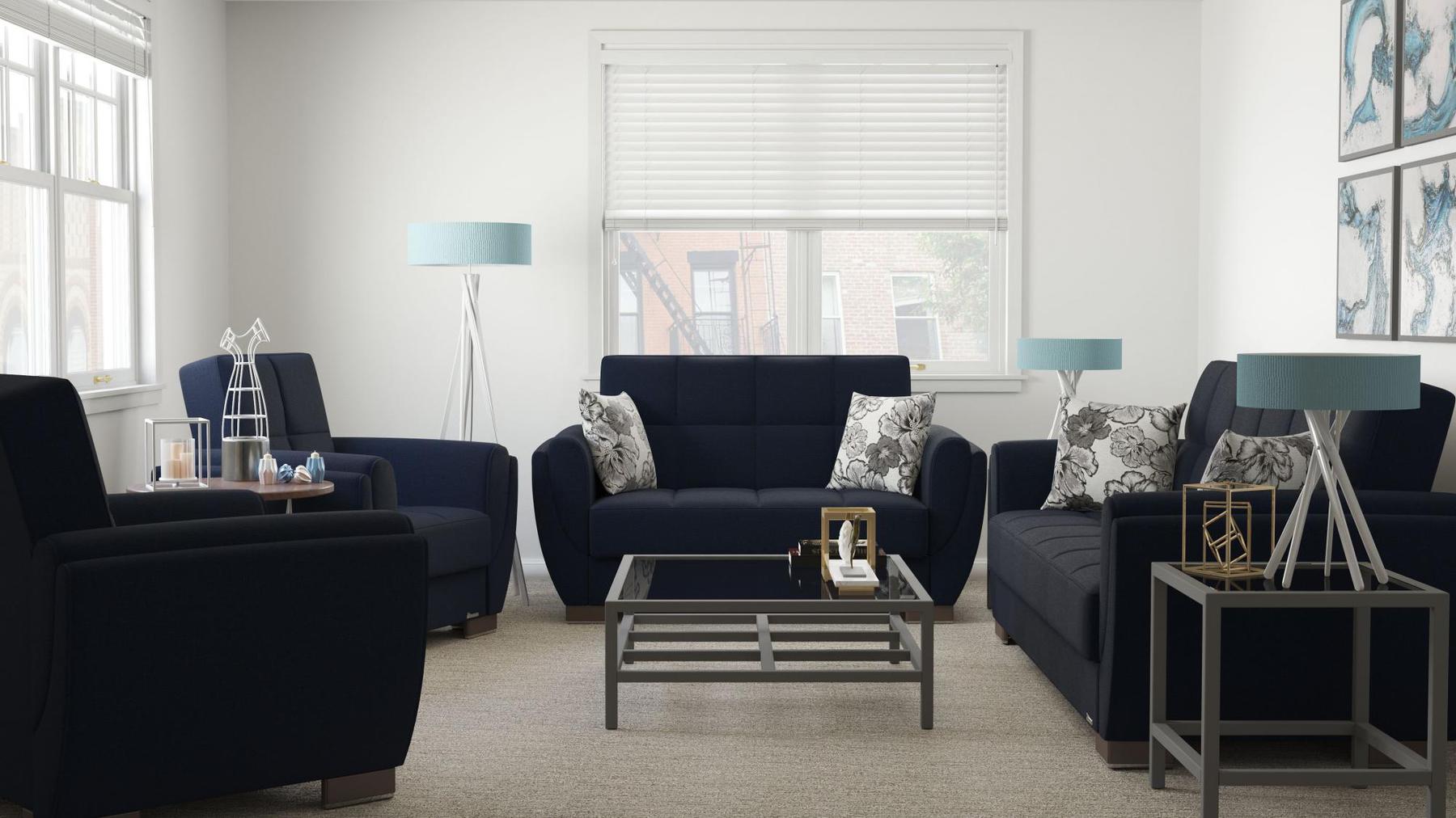 Modern design, Black Blue Denim , Chenille upholstered convertible sleeper Sofabed with underseat storage from Voyage Shelter by Ottomanson in living room lifestyle setting with the matching furniture set. This Sofabed measures 94 inches width by 36 inches depth by 41 inches height.