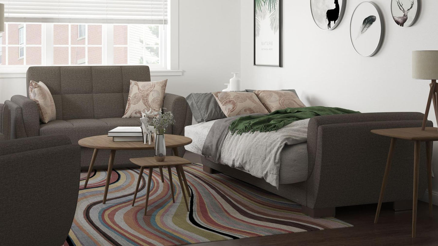 Modern design, Tannin Brown , Chenille  upholstered convertible sleeper Loveseat with underseat storage from Voyage Shelter by Ottomanson in living room lifestyle setting converted to sleeper. This Loveseat measures 71 inches width by 36 inches depth by 41 inches height.
