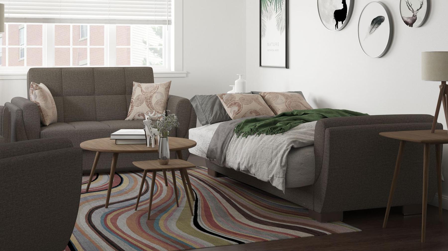 Modern design, Tannin Brown , Chenille  upholstered convertible sleeper Loveseat with underseat storage from Voyage Shelter by Ottomanson in living room lifestyle setting converted to sleeper. This Loveseat measures 71 inches width by 36 inches depth by 41 inches height.