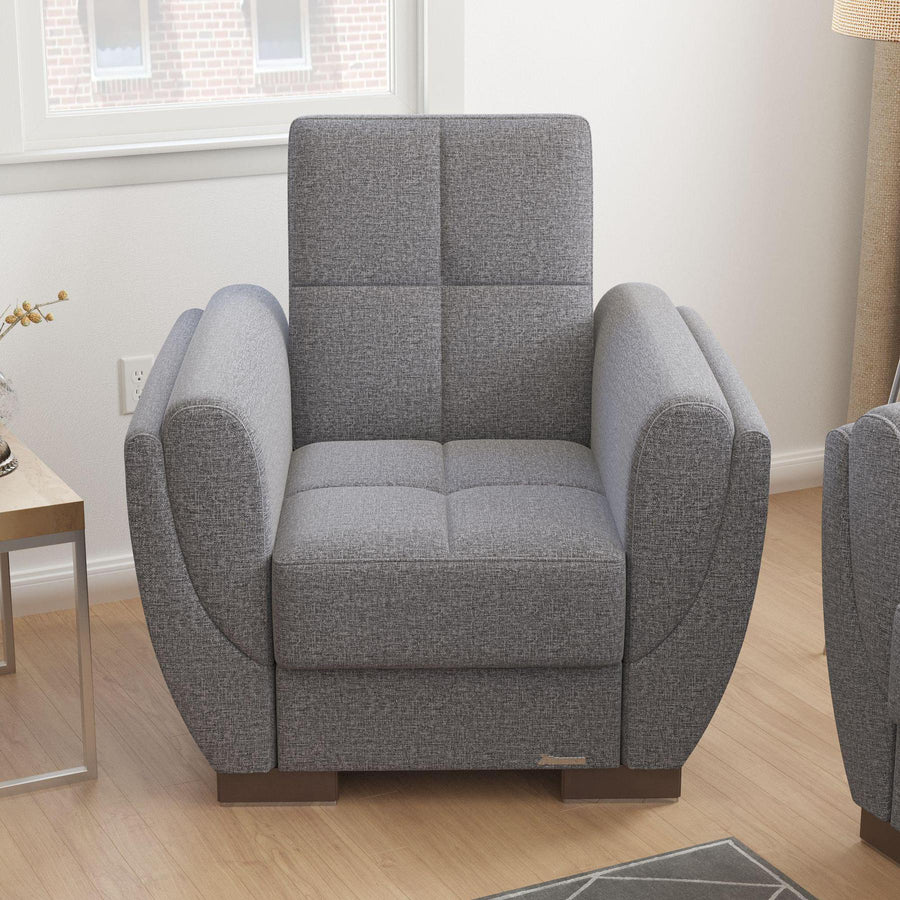Modern design, Salt and Pepper Gray , Chenille upholstered convertible Armchair with underseat storage from Voyage Shelter by Ottomanson in living room lifestyle setting by itself. This Armchair measures 42 inches width by 36 inches depth by 41 inches height.