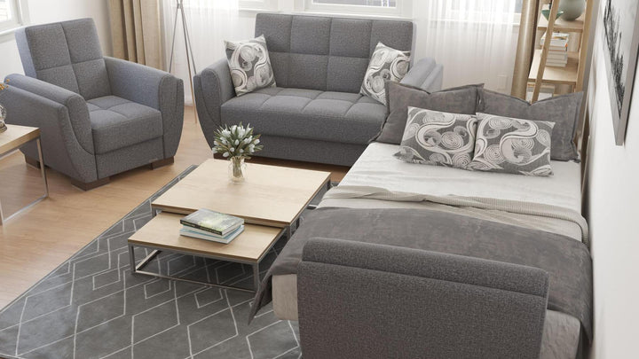 Modern design, Salt and Pepper Gray , Chenille  upholstered convertible Armchair with underseat storage from Voyage Shelter by Ottomanson in living room lifestyle setting converted to sleeper. This Armchair measures 42 inches width by 36 inches depth by 41 inches height.