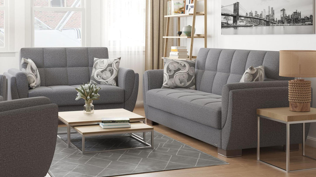 Modern design, Salt and Pepper Gray , Chenille upholstered convertible sleeper Loveseat with underseat storage from Voyage Shelter by Ottomanson in living room lifestyle setting with another piece of furniture. This Loveseat measures 71 inches width by 36 inches depth by 41 inches height.